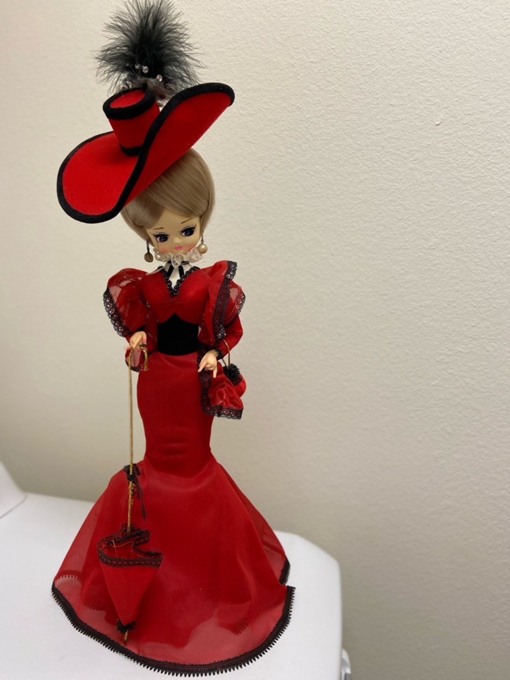Vintage MCM Bradley Big-Eyed Doll with Red Mermaid style Dress, Hat and Parasol